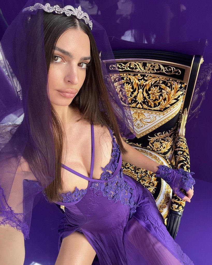 Sexy Emily Ratajkowski Wears Revealing Purple Versace Dress 12thblog 